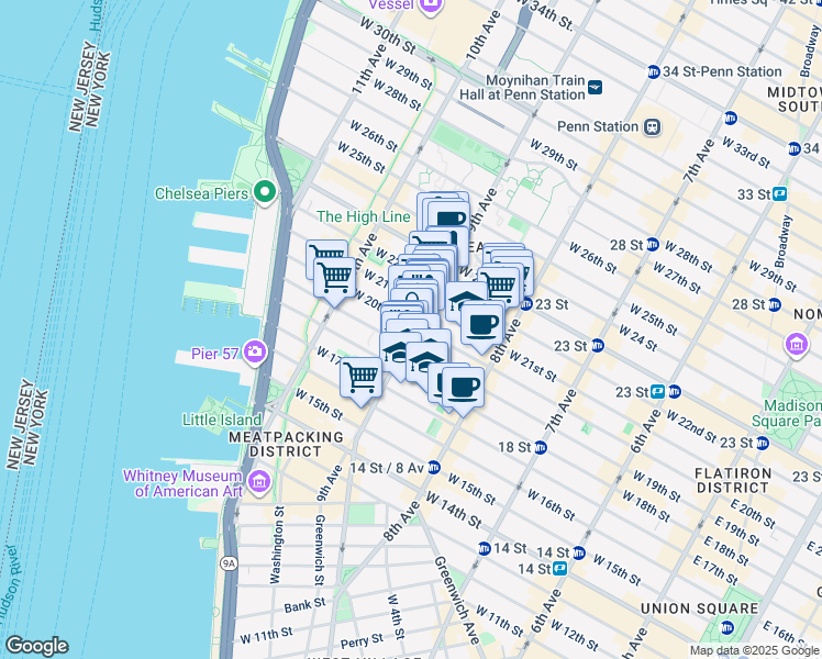 map of restaurants, bars, coffee shops, grocery stores, and more near 162 9th Avenue in New York