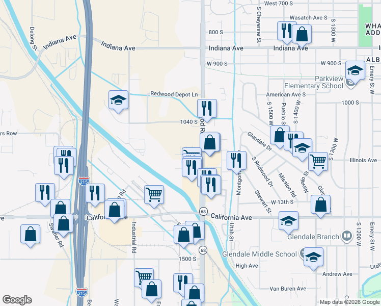 map of restaurants, bars, coffee shops, grocery stores, and more near 1106 South Redwood Road in Salt Lake City