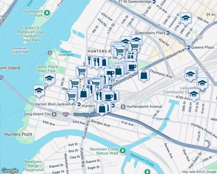 map of restaurants, bars, coffee shops, grocery stores, and more near in Queens
