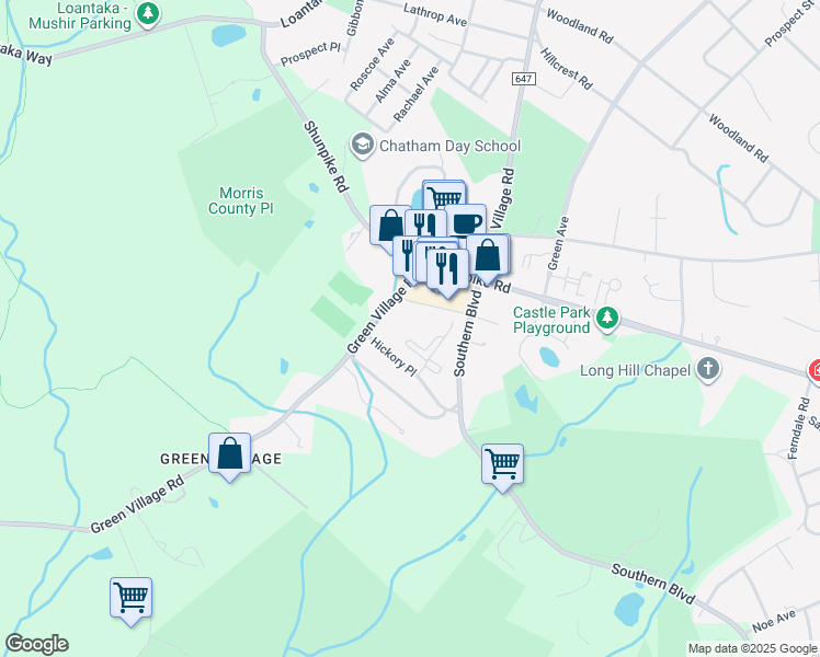 map of restaurants, bars, coffee shops, grocery stores, and more near 25 Hickory Place in Chatham Township