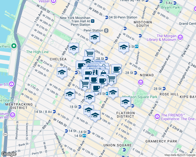 map of restaurants, bars, coffee shops, grocery stores, and more near 160 West 24th Street in New York