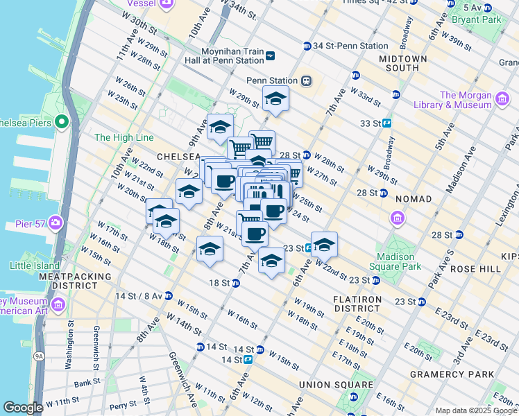 map of restaurants, bars, coffee shops, grocery stores, and more near 225 West 23rd Street in New York