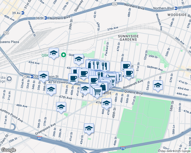map of restaurants, bars, coffee shops, grocery stores, and more near in Queens