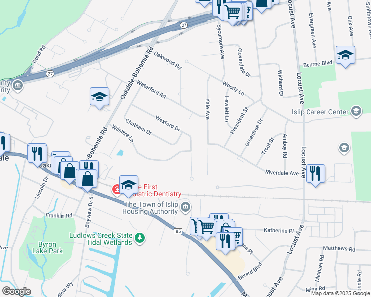 map of restaurants, bars, coffee shops, grocery stores, and more near 3917 Wilshire Lane in Oakdale