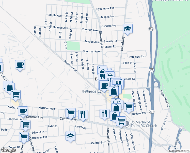 map of restaurants, bars, coffee shops, grocery stores, and more near 40 Burkhardt Ave in Bethpage