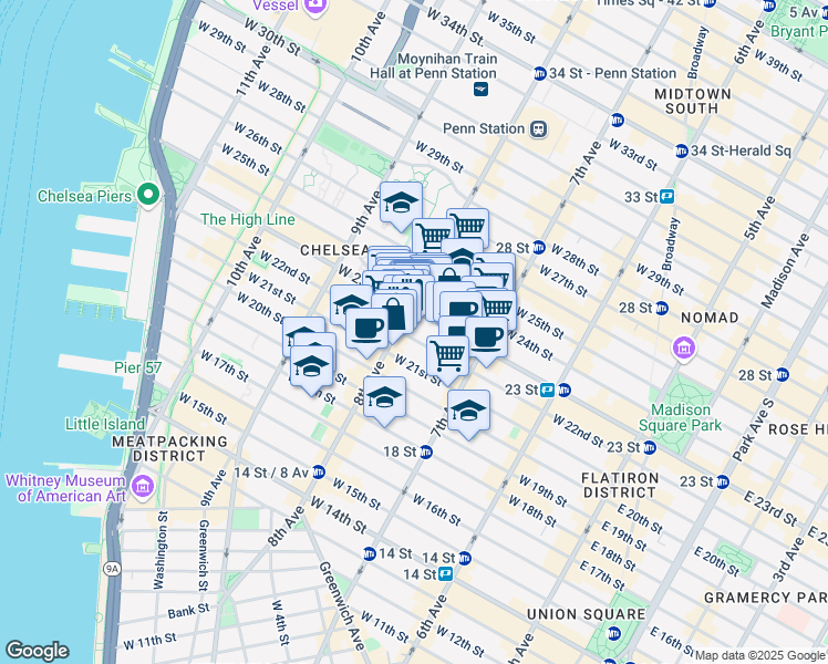 map of restaurants, bars, coffee shops, grocery stores, and more near 240 West 22nd Street in New York