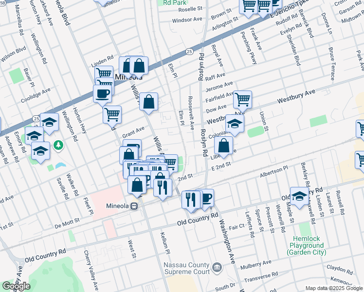 map of restaurants, bars, coffee shops, grocery stores, and more near 101 Searing Avenue in Mineola