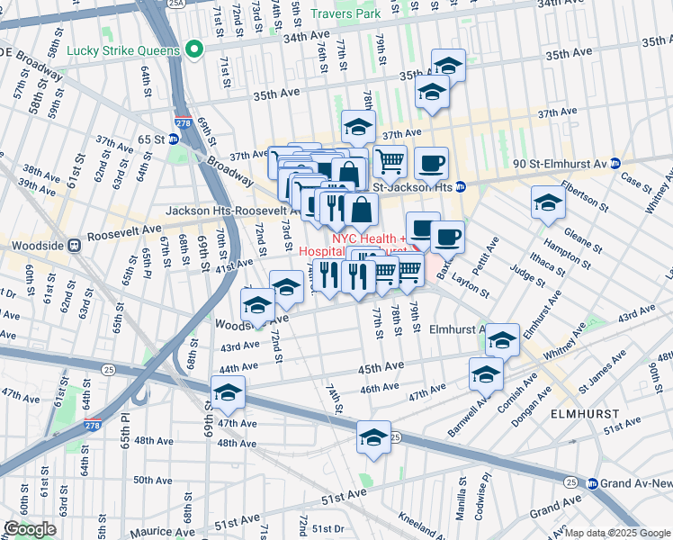 map of restaurants, bars, coffee shops, grocery stores, and more near 41-25 75th Street in Queens