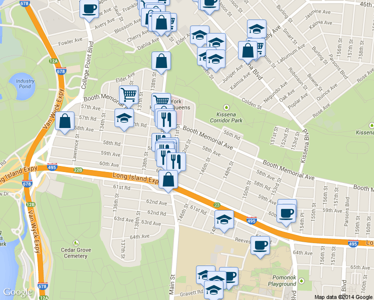 map of restaurants, bars, coffee shops, grocery stores, and more near 142-01 58th Road in Queens