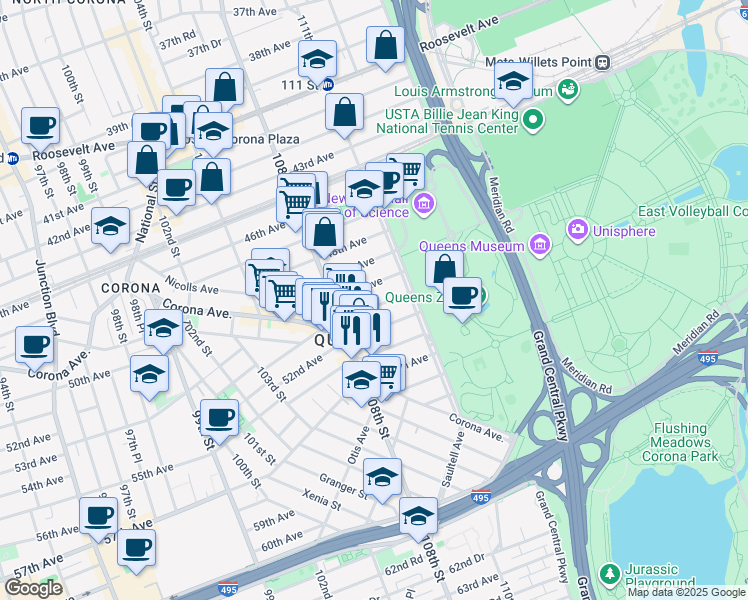 map of restaurants, bars, coffee shops, grocery stores, and more near 108-37 51st Avenue in Queens