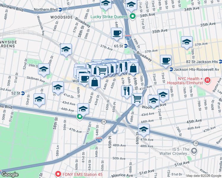map of restaurants, bars, coffee shops, grocery stores, and more near 39-48 65th Place in Queens