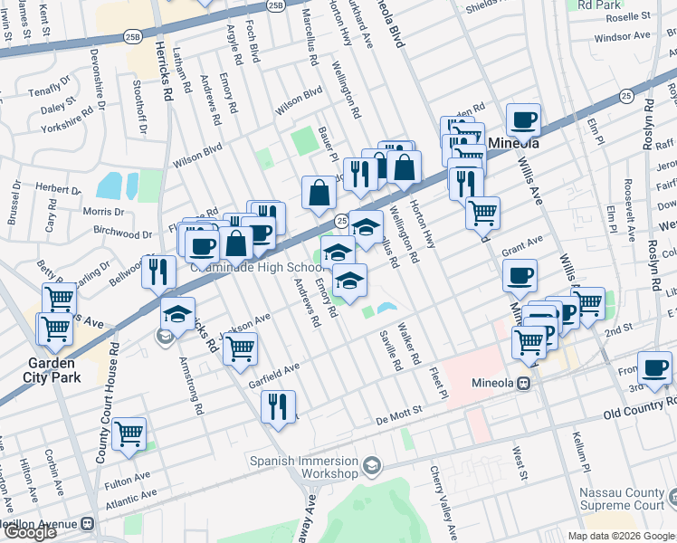 map of restaurants, bars, coffee shops, grocery stores, and more near 340 Jackson Avenue in Mineola