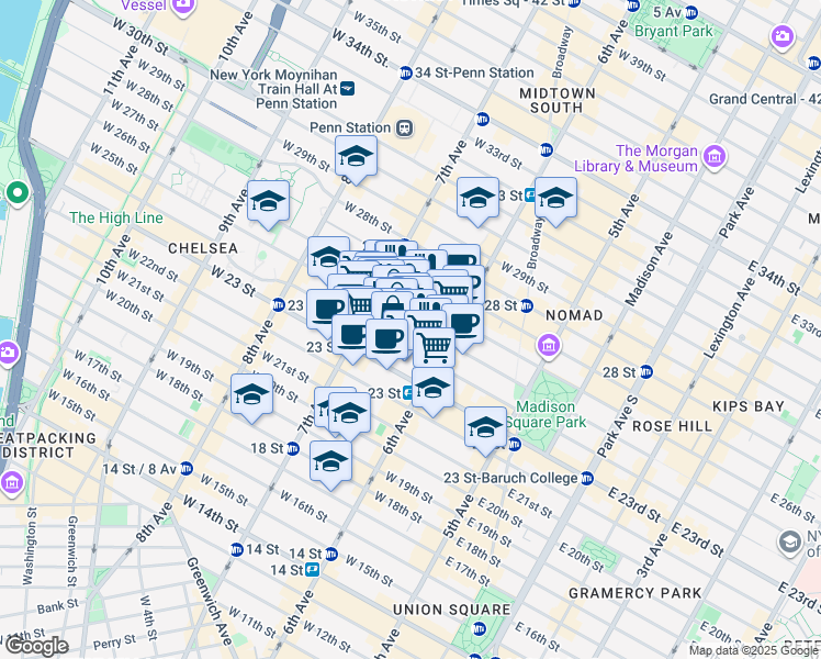 map of restaurants, bars, coffee shops, grocery stores, and more near 131 West 24th Street in New York