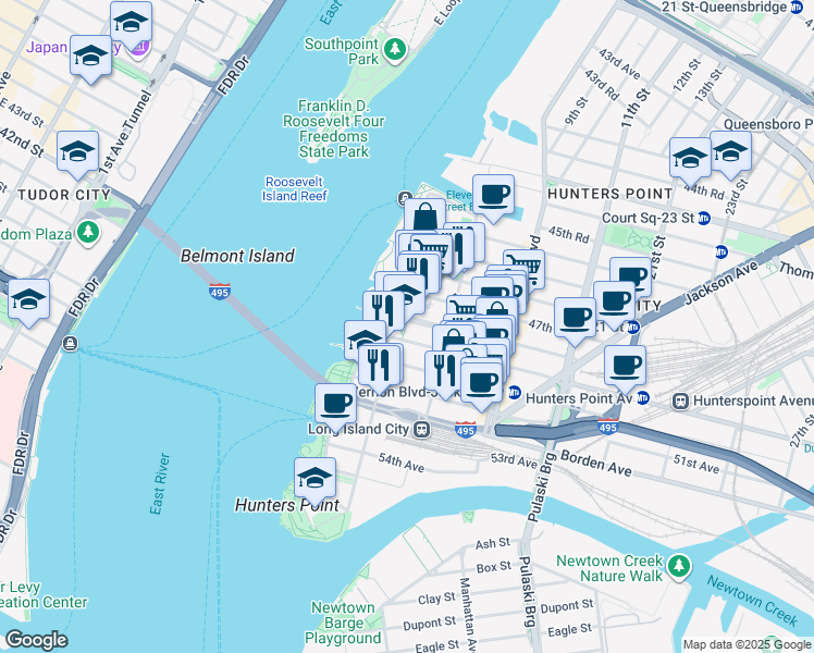 map of restaurants, bars, coffee shops, grocery stores, and more near 4-09 Center Boulevard in Queens