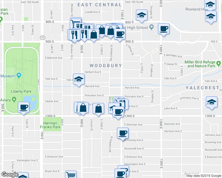 map of restaurants, bars, coffee shops, grocery stores, and more near 1121 McClelland Street in Salt Lake City