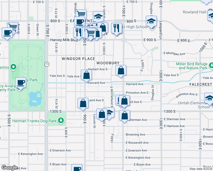 map of restaurants, bars, coffee shops, grocery stores, and more near 992 Harvard Avenue in Salt Lake City
