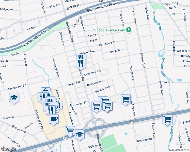map of restaurants, bars, coffee shops, grocery stores, and more near 231 Dakota Avenue in Bay Shore