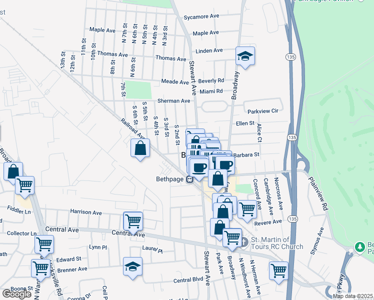 map of restaurants, bars, coffee shops, grocery stores, and more near 40 Burkhardt Avenue in Bethpage