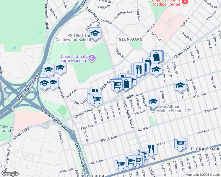 map of restaurants, bars, coffee shops, grocery stores, and more near 77-44 252nd Street in Queens