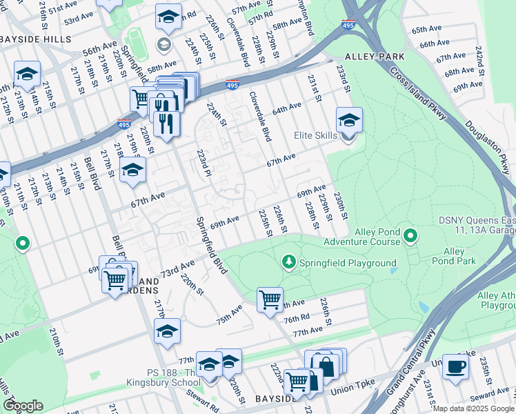 map of restaurants, bars, coffee shops, grocery stores, and more near 224-15 69th Avenue in Queens