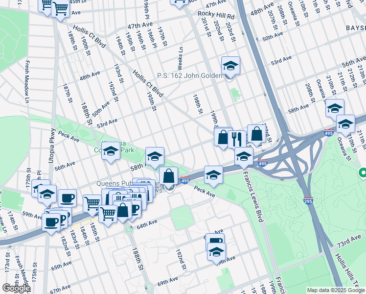 map of restaurants, bars, coffee shops, grocery stores, and more near 196-17 58th Avenue in Queens