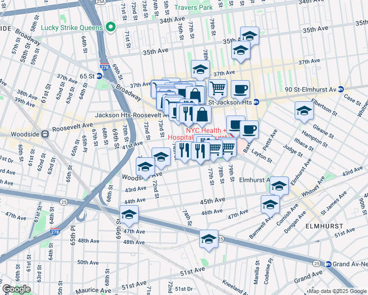 map of restaurants, bars, coffee shops, grocery stores, and more near 41-25 75th Street in Queens