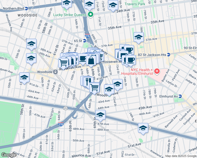 map of restaurants, bars, coffee shops, grocery stores, and more near 41-3 69th Street in Queens