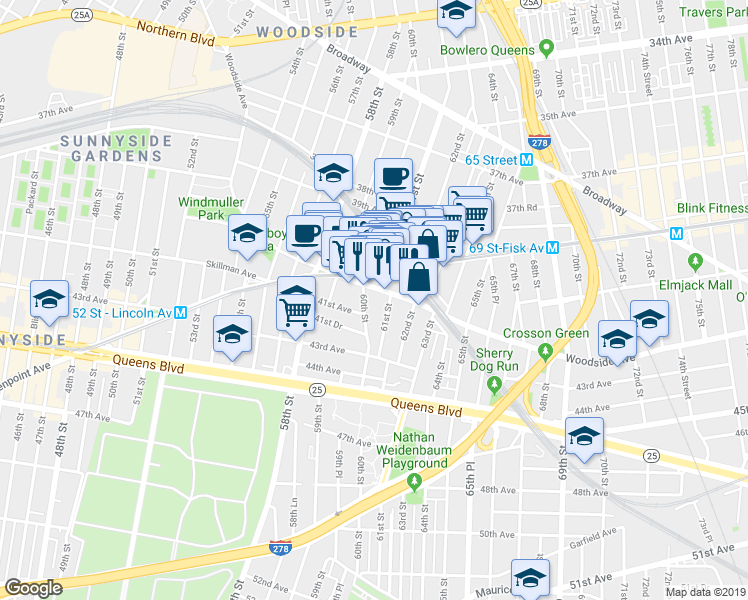 map of restaurants, bars, coffee shops, grocery stores, and more near 61-08 Woodside Avenue in Queens