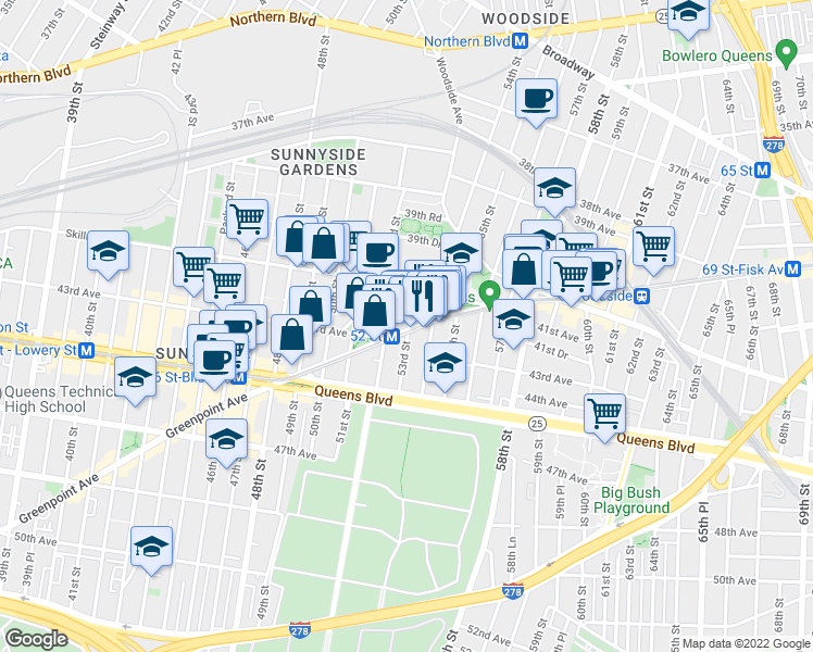 map of restaurants, bars, coffee shops, grocery stores, and more near in Queens