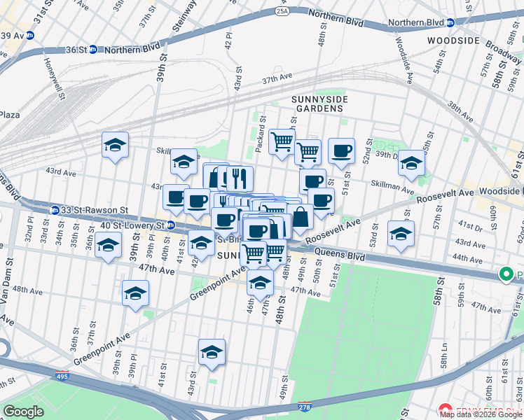 map of restaurants, bars, coffee shops, grocery stores, and more near 43-12 46th Street in Queens