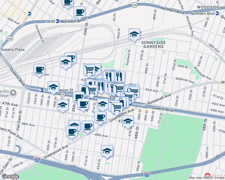 map of restaurants, bars, coffee shops, grocery stores, and more near 43-24 43rd Street in Queens