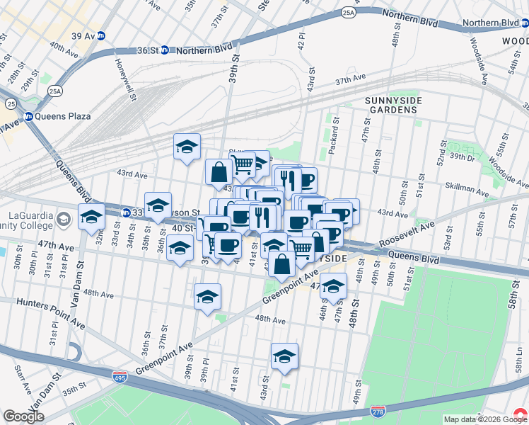 map of restaurants, bars, coffee shops, grocery stores, and more near in Queens