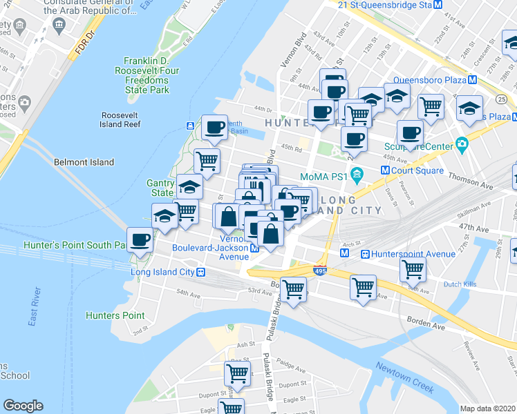 map of restaurants, bars, coffee shops, grocery stores, and more near 47-46 Vernon Boulevard in Queens