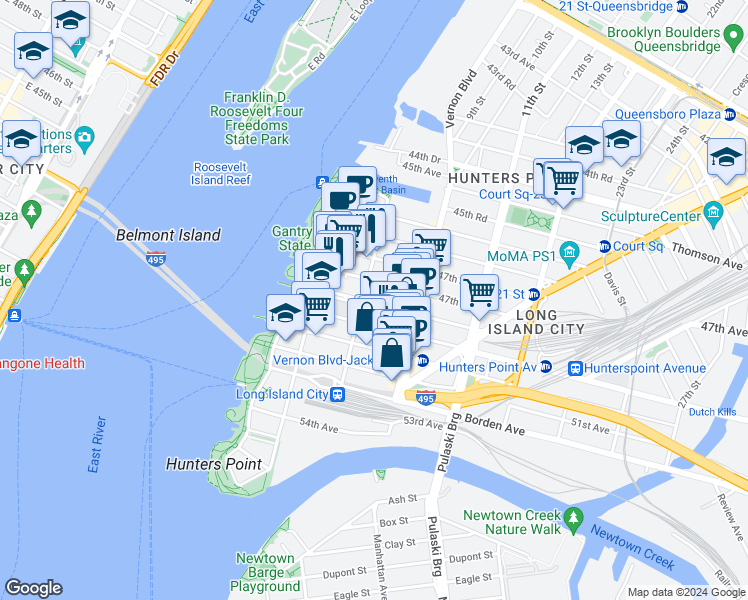 map of restaurants, bars, coffee shops, grocery stores, and more near 48-21 5th Street in Queens