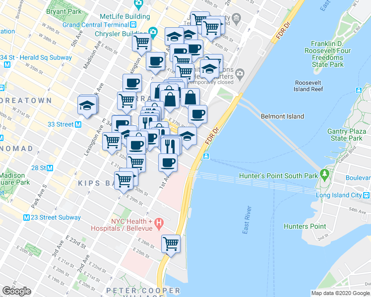 map of restaurants, bars, coffee shops, grocery stores, and more near in New York