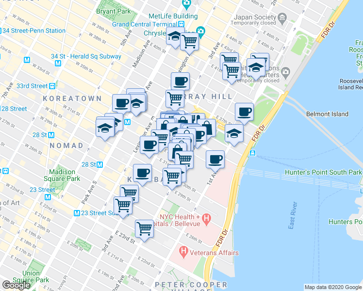 map of restaurants, bars, coffee shops, grocery stores, and more near 239 East 33rd Street in New York