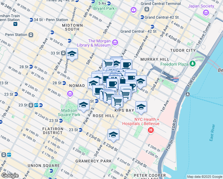map of restaurants, bars, coffee shops, grocery stores, and more near 114 East 32nd Street in New York
