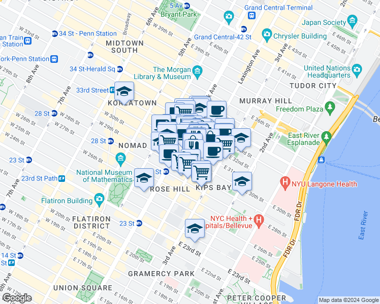 map of restaurants, bars, coffee shops, grocery stores, and more near 114 East 32nd Street in New York