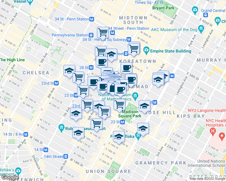 map of restaurants, bars, coffee shops, grocery stores, and more near 37w West 26th Street in New York