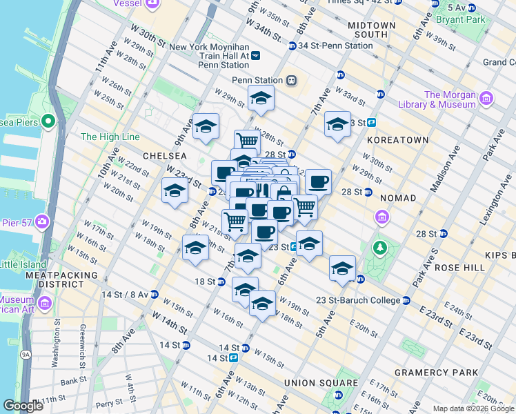 map of restaurants, bars, coffee shops, grocery stores, and more near in New York