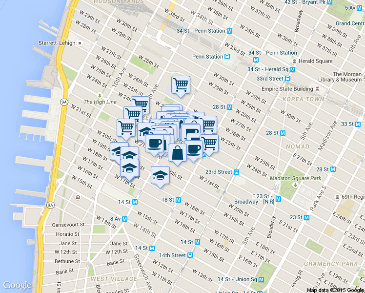 map of restaurants, bars, coffee shops, grocery stores, and more near 240 West 22nd Street in New York