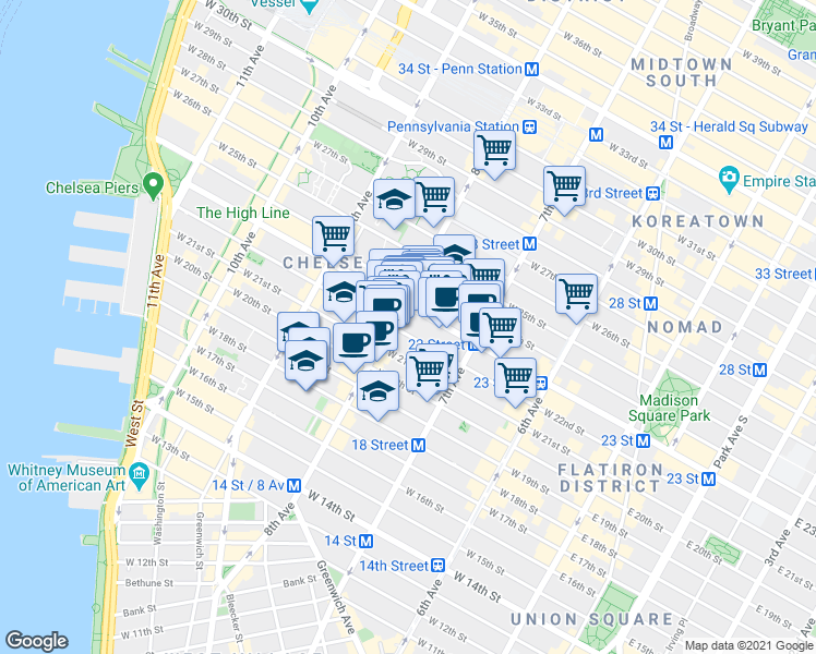 map of restaurants, bars, coffee shops, grocery stores, and more near 240 West 22nd Street in New York