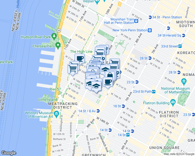 map of restaurants, bars, coffee shops, grocery stores, and more near 162 9th Avenue in New York