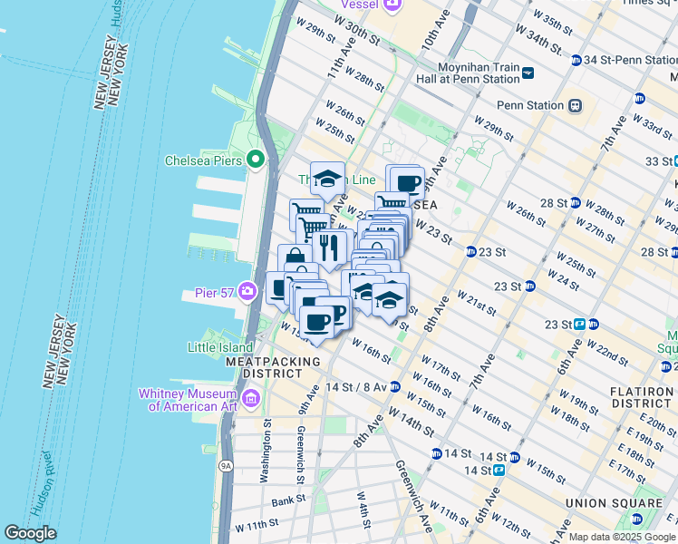 map of restaurants, bars, coffee shops, grocery stores, and more near 421 West 19th Street in New York