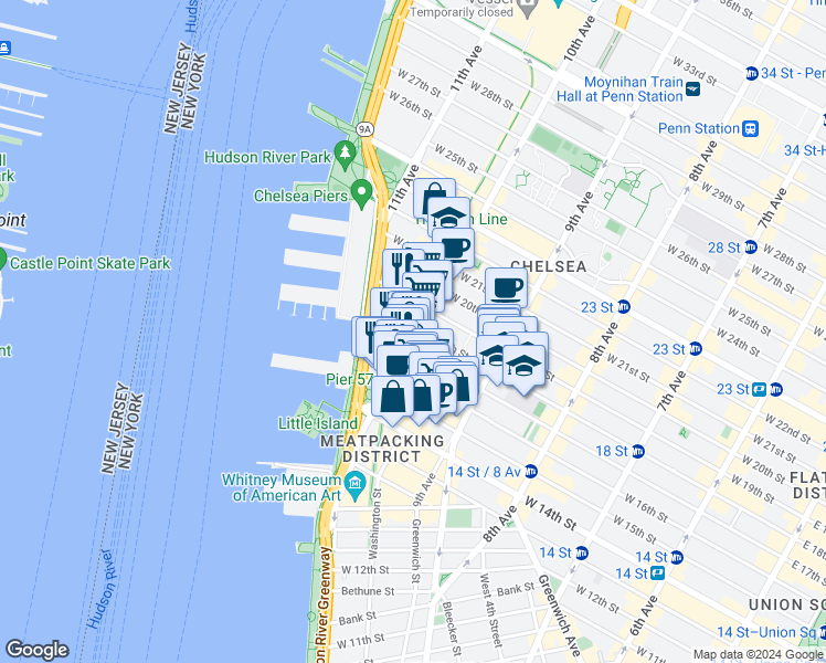 map of restaurants, bars, coffee shops, grocery stores, and more near 501 West 17th Street in New York