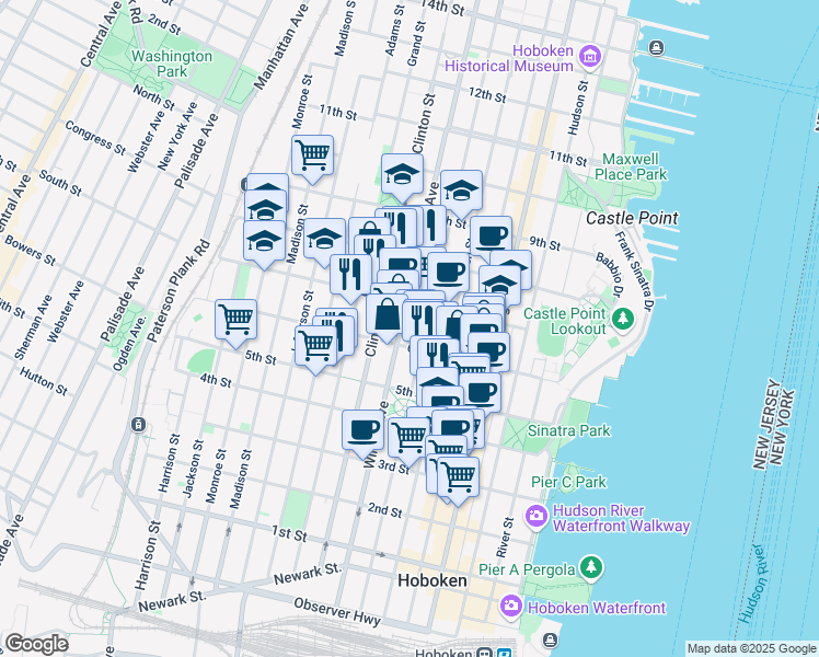 map of restaurants, bars, coffee shops, grocery stores, and more near in Hoboken
