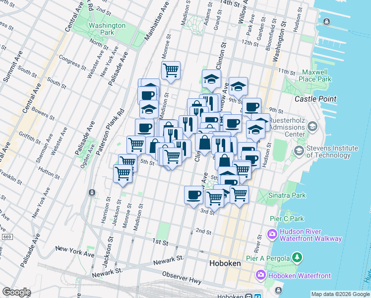 map of restaurants, bars, coffee shops, grocery stores, and more near 358 6th Street in Hoboken