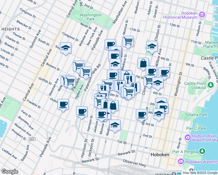 map of restaurants, bars, coffee shops, grocery stores, and more near 518 Monroe Street in Hoboken