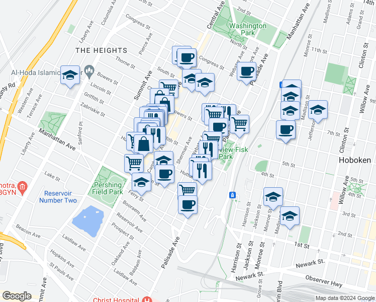 map of restaurants, bars, coffee shops, grocery stores, and more near 176 Webster Avenue in Jersey City