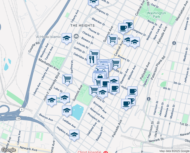 map of restaurants, bars, coffee shops, grocery stores, and more near 28 Sherman Place in Jersey City